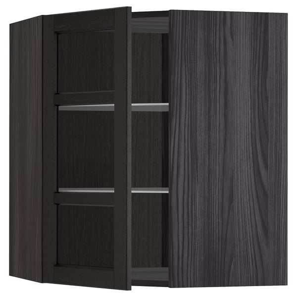 A dark grey ikea METOD kitchen corner cabinet with three glass shelves and a reversible door.