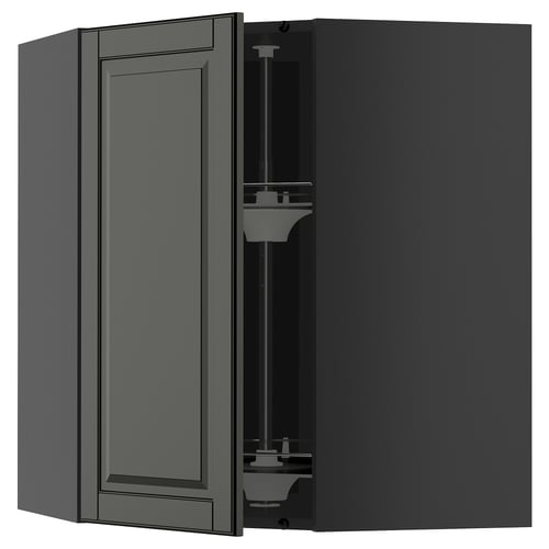 Open black kitchen cabinet showing shelves and hinges.