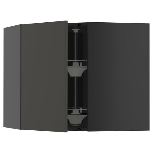 Black METOD kitchen corner unit with glass shelf.