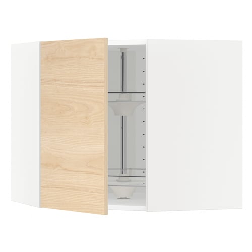 Wooden kitchen cabinet door open, revealing metal frame and glass shelf.