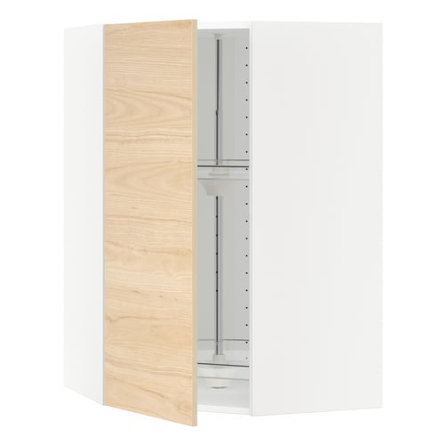 METOD kitchen storage unit, light ash wood, adjustable shelves, open door.