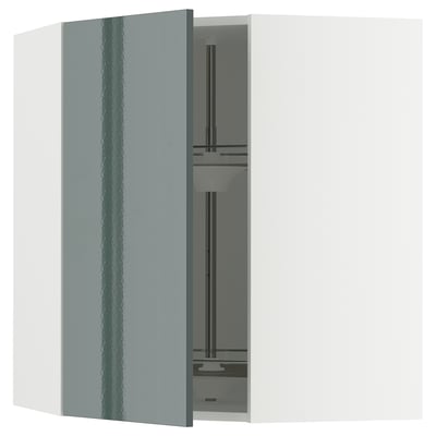 A modern kitchen cabinet from the METOD system, featuring a high-gloss grey-green door and an adjustable glass shelf.