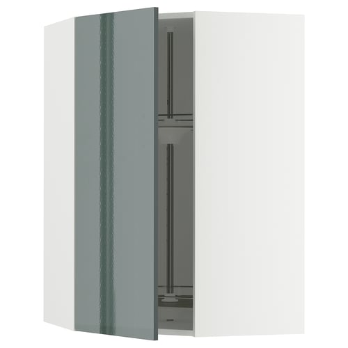 A modern kitchen cabinet from METOD in high-gloss grey-green, featuring a corner carousel for storage.