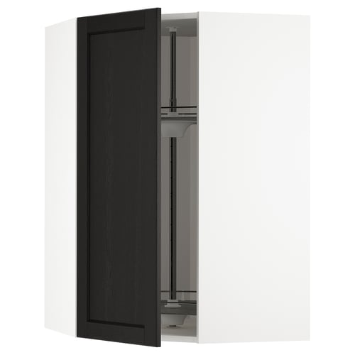 Modern black wooden kitchen cabinet with glass shelf.