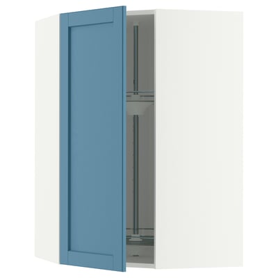 METOD Corner wall cabinet with carousel, white/Lerhyttan blue, 68x100 cm