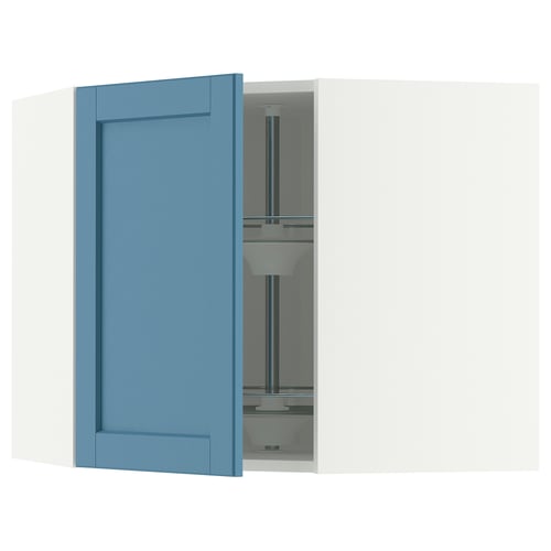 METOD Corner wall cabinet with carousel, white/Lerhyttan blue, 68x60 cm