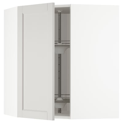 METOD kitchen cabinet in white with gray sides and glass carousel insert.