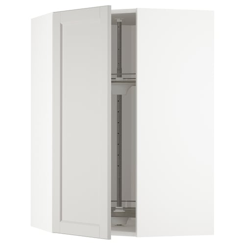 An open METOD kitchen cabinet with light grey lerhyttan bevelled edges, displaying a glass shelf and metal supports.