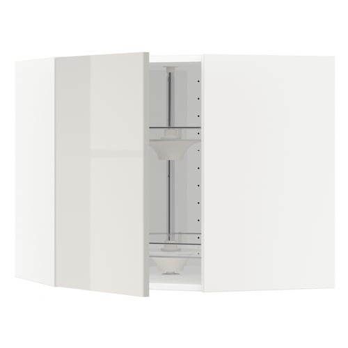 METOD high gloss grey modern kitchen cabinet with glass shelves.