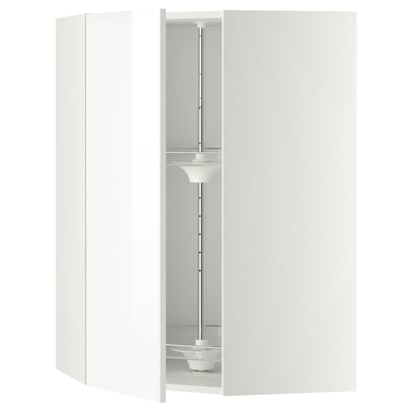White high-gloss kitchen cabinet with glass carousel, modern and sleek design.
