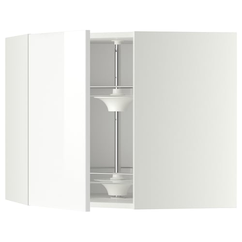 A white METOD corner kitchen cabinet with a carousel storage system and glass shelves.