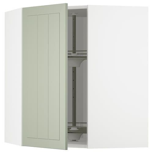 Ikea METOD kitchen cabinet in green with glass carousel.