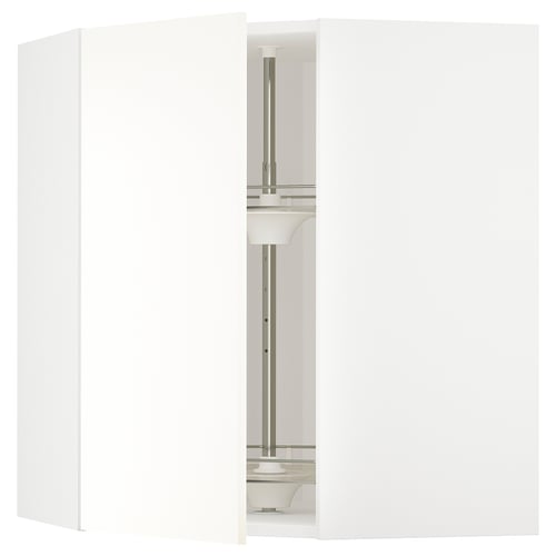 METOD white corner kitchen unit with adjustable glass shelves.