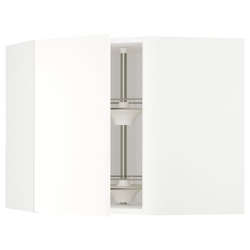 A white METOD kitchen corner unit with a carousel for easy access. The unit a sleek, modern design with adjustable glass shelves.