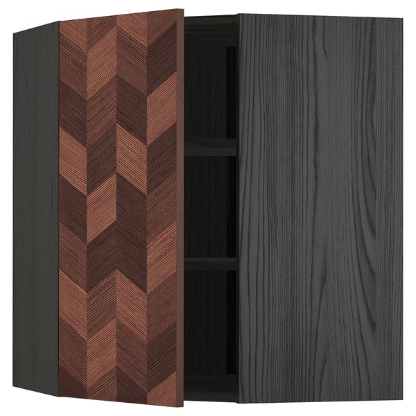 Image shows METOD kitchen corner cabinet with dark herringbone patterned door, open to reveal inner shelf, gray.