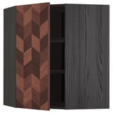 Image shows METOD kitchen corner cabinet with dark herringbone patterned door, open to reveal inner shelf, gray.