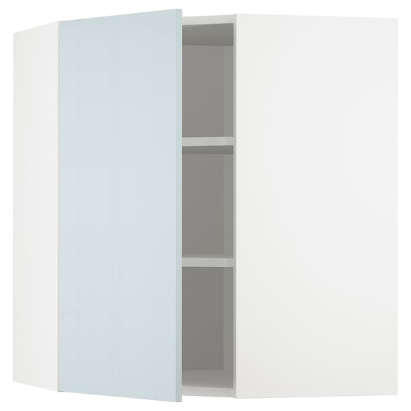 METOD kitchen: high-gloss grey-blue corner cabinet with adjustable shelf.