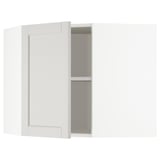 This image shows a white METOD kitchen cabinet with one door open, revealing interior shelves.