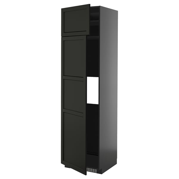 Black METOD kitchen cabinet with beveled edges, tall & slim, multiple shelves.