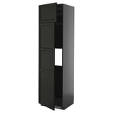 Black METOD kitchen cabinet with beveled edges, tall & slim, multiple shelves.
