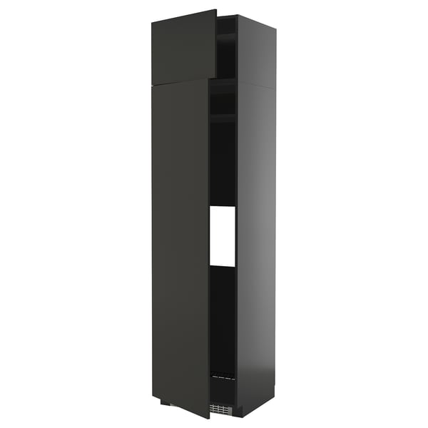 A tall, black, modern cabinet from the METOD kitchen system with a sleek, matt finish, and adjustable shelves.