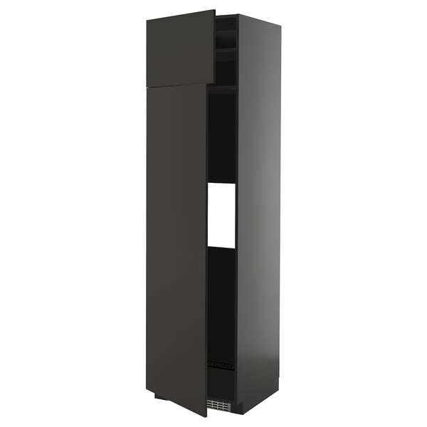A black METOD kitchen cabinet with modern styling, featuring adjustable shelves and reversible doors.