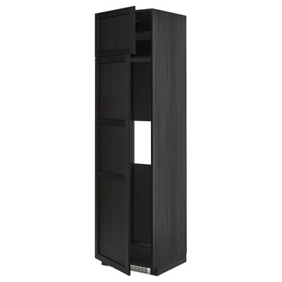 METOD black stained wooden kitchen unit, tall cabinet with shelves, dark color, traditional design.