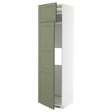 METOD kitchen cabinet in green, slim rectangular shape with adjustable shelves, partially open.