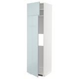 Modern tall, white cabinet with gray-blue glossy door, adjustable shelves, slight angle.