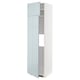 Modern tall, white cabinet with gray-blue glossy door, adjustable shelves, slight angle.