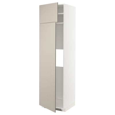 A light beige METOD kitchen cabinet set, tall and white, featuring a double door design with a crafted look.