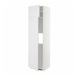 A white METOD tall kitchen cabinet with one open door, revealing adjustable shelves inside.