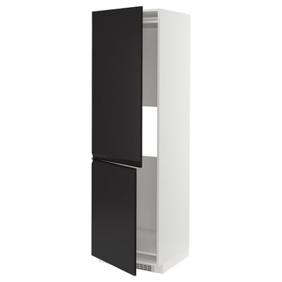 Modern black & white kitchen cabinet with open doors, matte black handles.