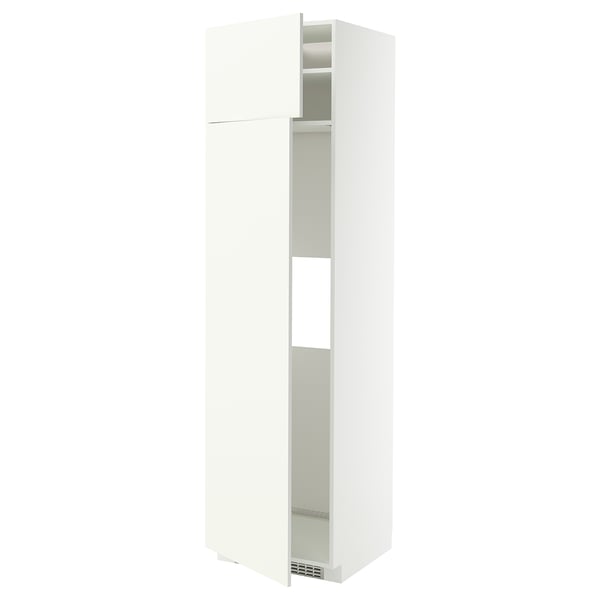 This image shows a white METOD kitchen cabinet with a sleek, modern design. It is a tall, rectangular unit with an open door revealing shelves inside.