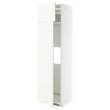 This image shows a white METOD kitchen cabinet with a sleek, modern design. It is a tall, rectangular unit with an open door revealing shelves inside.