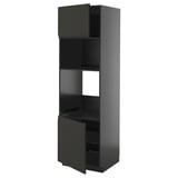 Image depicts a tall, dark gray METOD kitchen cabinet with two open sections and doors on the bottom, featuring a sleek, modern design.