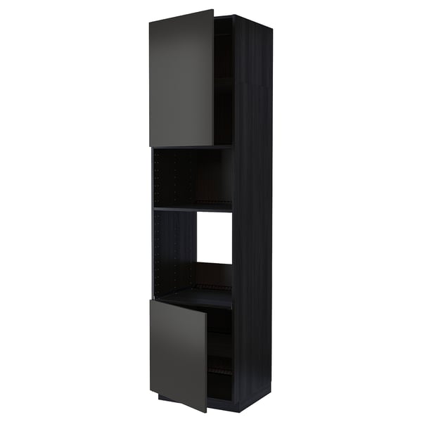 A black METOD kitchen cabinet with adjustable shelves and a modern design.