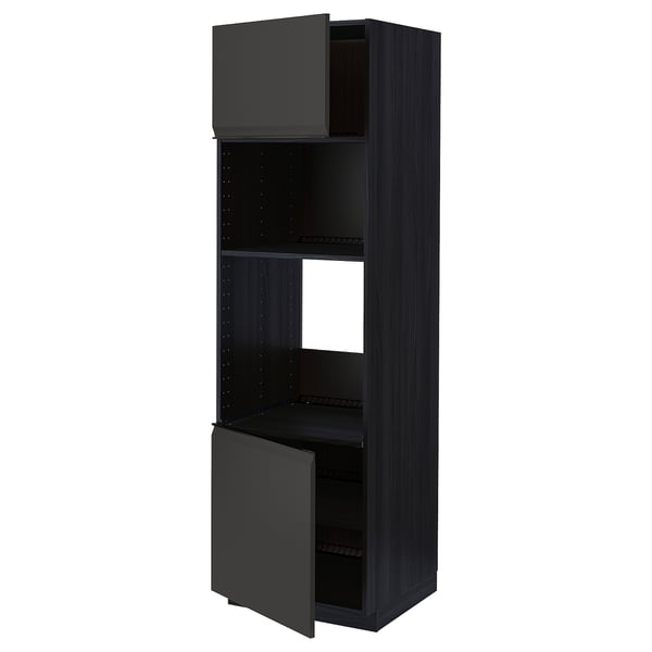 Black kitchen cabinet with open door, 3 shelves, modern and minimalist design.