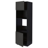 Black kitchen cabinet with open door, 3 shelves, modern and minimalist design.