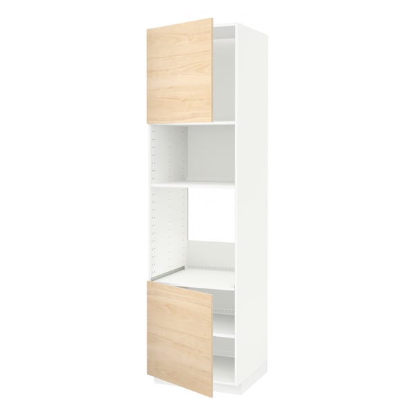 A white METOD kitchen cabinet with light wood doors. It multiple shelves for storage.