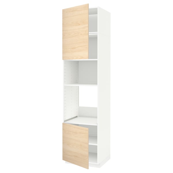 White cabinets with light wood doors, tall open shelf, modular design.