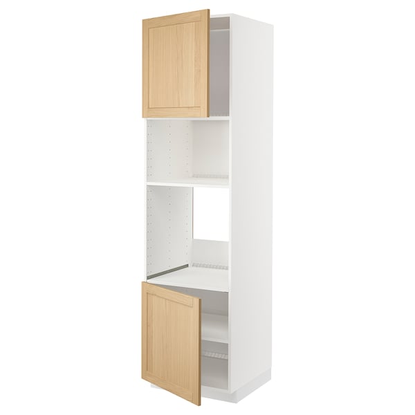 A white METOD kitchen cabinet with a wooden door, featuring adjustable shelves and a sleek design.