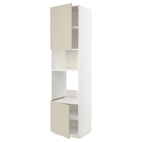 A vertical white METOD kitchen cabinet with beige doors and adjustable shelves.