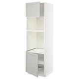 White METOD kitchen cabinet with light grey lerhyttan fronts, featuring adjustable shelves and sturdy construction.