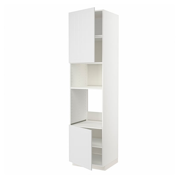 A white METOD kitchen cabinet with adjustable shelves and open doors.