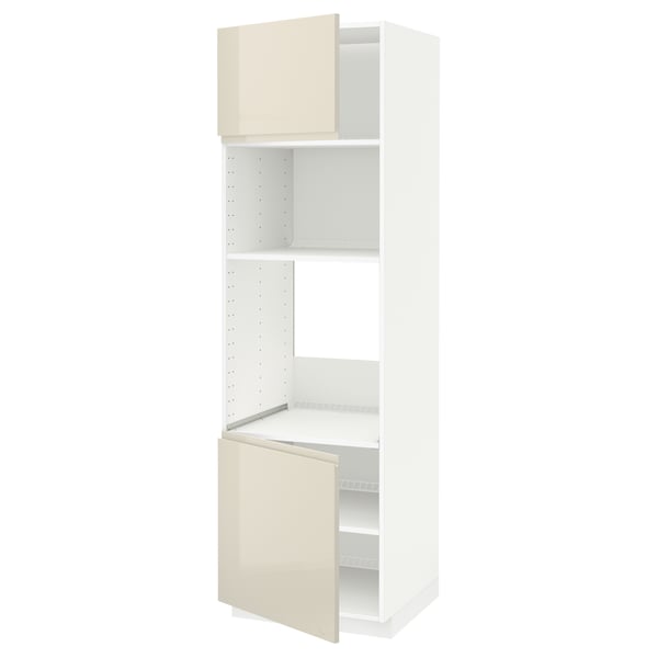 A white and beige high cabinet from the METOD kitchen system with adjustable shelves and high gloss doors.
