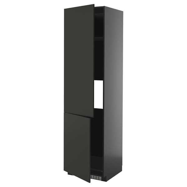 Black, tall kitchen cabinet with two doors, modern design by ikea.