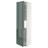Modern tall kitchen cabinet with high-gloss grey-green doors, featuring sleek design and adjustable shelves.