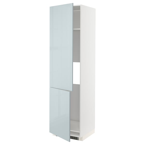 White METOD cabinet with high-gloss blue-gray doors, slim and tall, modern design.