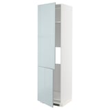 White METOD cabinet with high-gloss blue-gray doors, slim and tall, modern design.